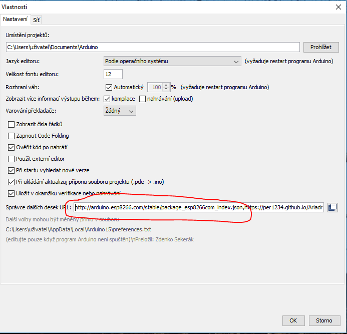 Přidání definic desek ESP8266 do Arduino IDE