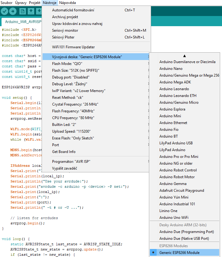 Výběr ESP8266 modulu v Arduino IDE